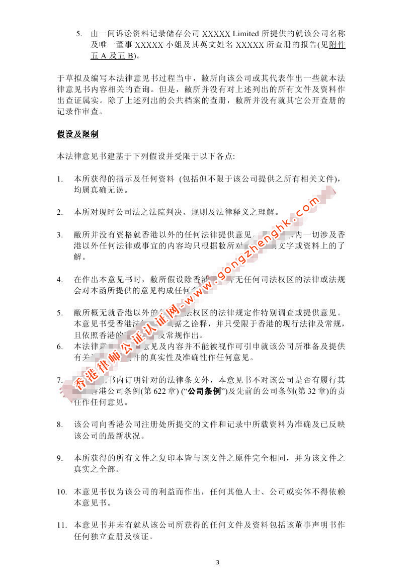 香港公司法律意見書樣本