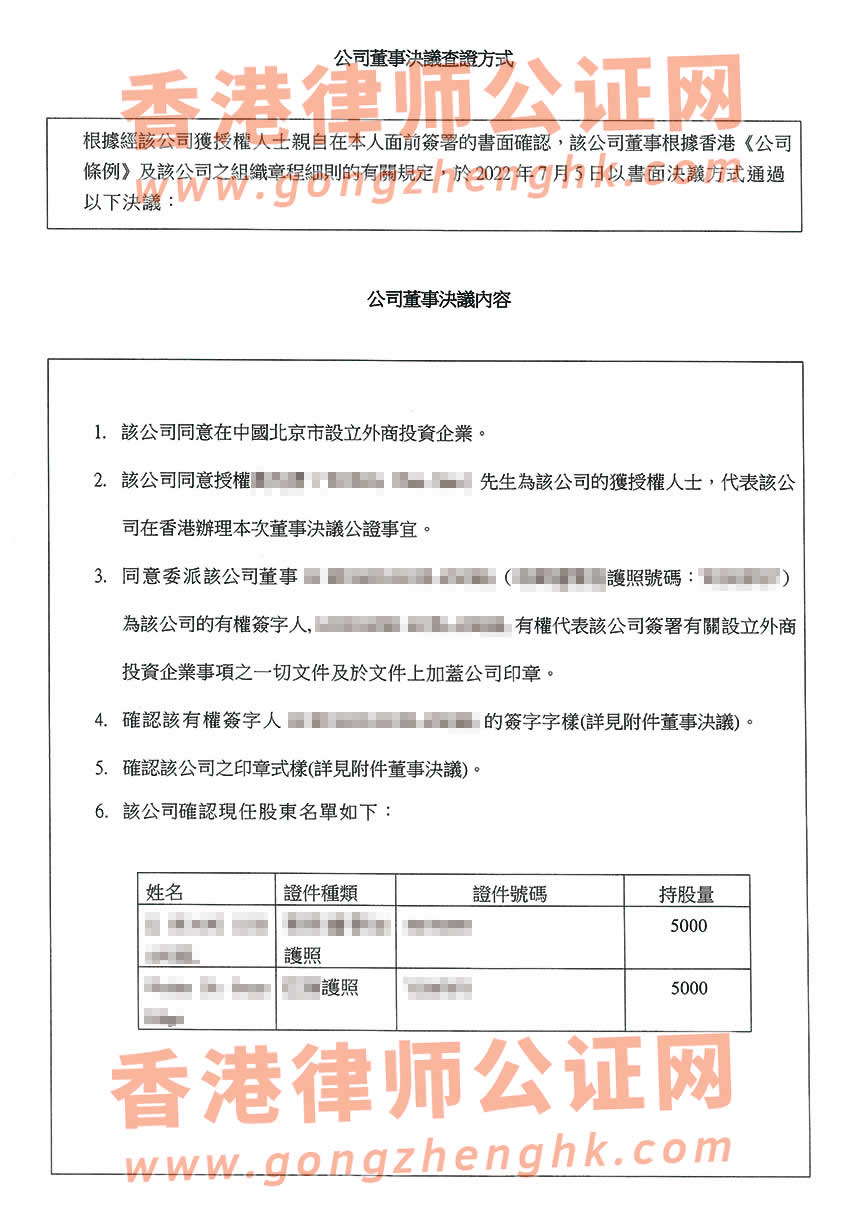 香港公司董事會決議證明公證樣本用于北京市設(shè)立外商投資企業(yè)